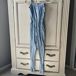 Abercrombie girls denim white striped jumpsuit. Size 15/16